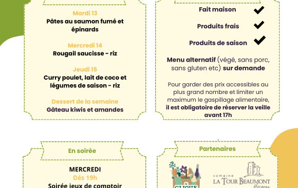 Espace Bar : menus du mardi 13 au jeudi 15 mai 2025